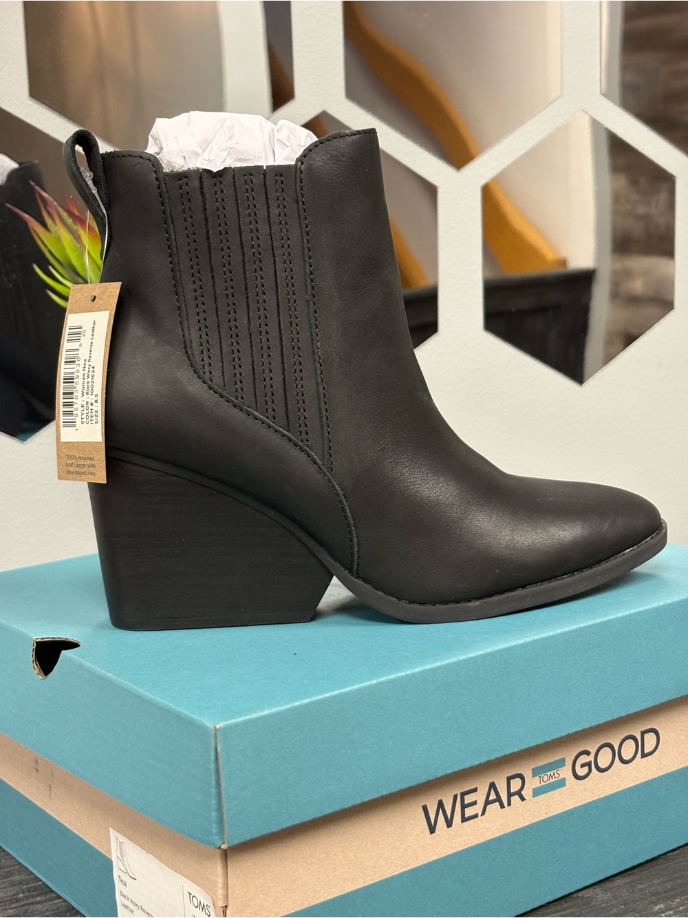 TOMS Black Leather Stacked Heel Ankle Boot